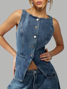 MISSGUIDED Gilet en jean sans manches pour femmes, style western avec boutons-pression, taille cintrée, Top superposable pour l'automne - Bleu azur - Voir 6