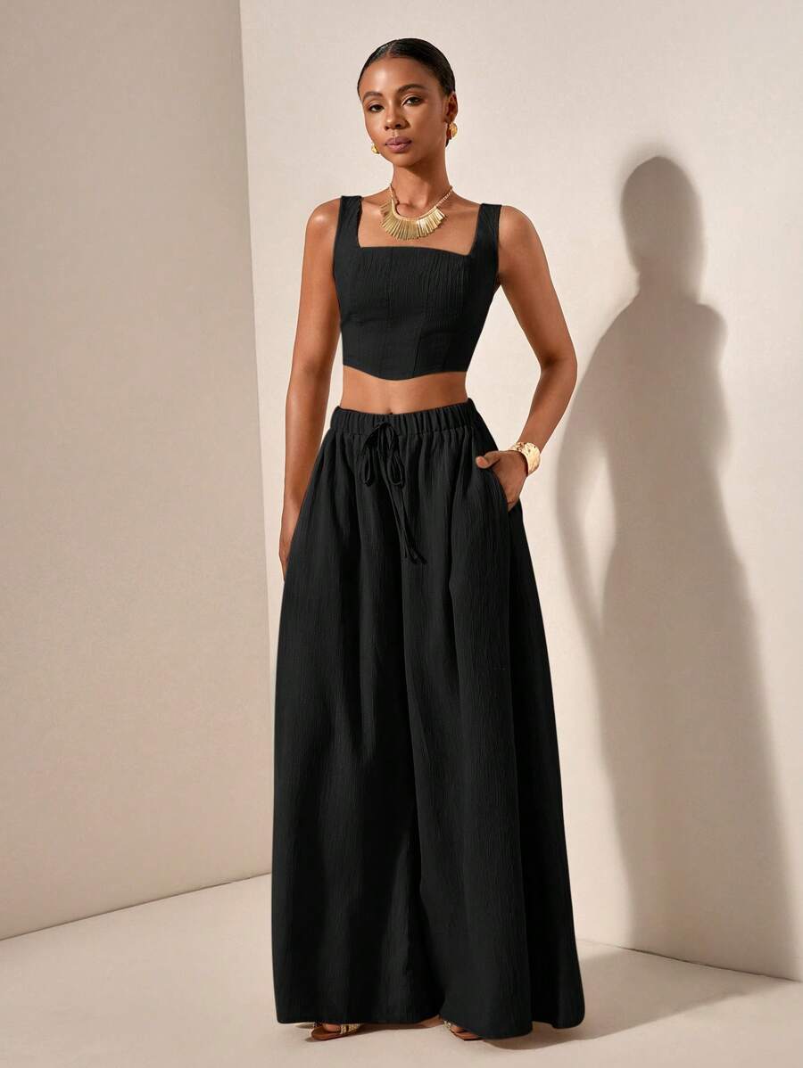 Zivah Nuevo conjunto de 2 piezas: Top con tirantes en forma de espina de pescado y pantalones de pierna ancha con bolsillos, tela texturizada, conjunto casual de vacaciones - B - Negro - Ver 1