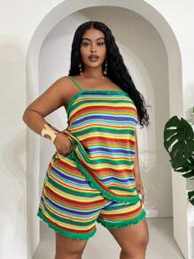 Slaydiva Bộ áo ba lỗ và quần short ngày lễ tua rua nhiều màu cỡ lớn cho nữ - Nhiều màu - Xem 6