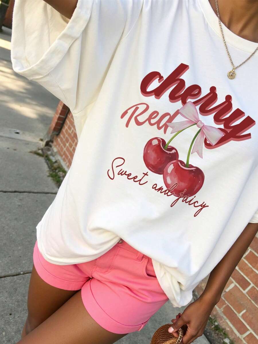 SHEIN EZwear Luźna damska koszulka typu T-shirt w stylu casual, minimalistyczna kokarda i nadruk wiśniowy, okrągły dekolt, krótki rękaw, luźna koszulka