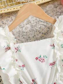 Girls 4-7 Years Old Daily Ditsy Floral Jumpsuit, Fashion Cap Sleeves High Waisted Loose Wide Leg For Summer - Apricot - View 4