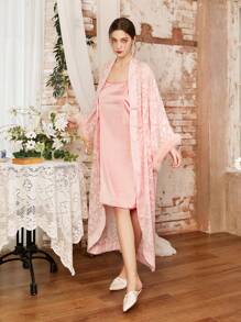 Côtesoire New Chinese Style Faux Rabbit Fur Jacquard Robe & Satin Camisole Night Gown, Elegant Set - Pink - View 13