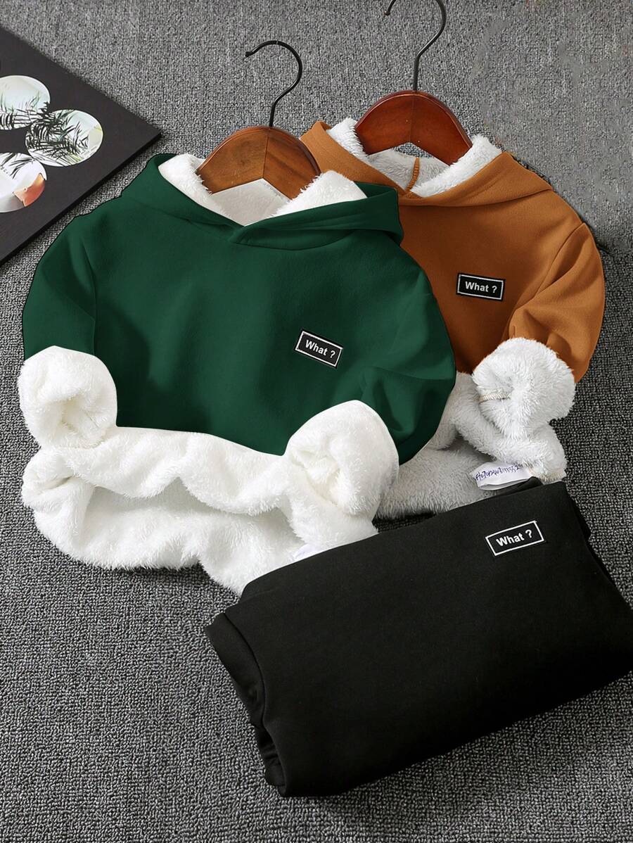 SHEIN 3pcs Young Boys' Casual Letter Applique Thermal Lined Solid Color Hooded Sweatshirts Chic Autumn/Winter - Green - View 1