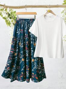 Rusticease 高腰花卉印花荷叶边下摆半身裙