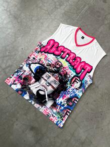PAVTROS Manfinity Streetrush Men's Summer Fashionable Graffiti Figure Print Tank Top, For Concert - White - View 1