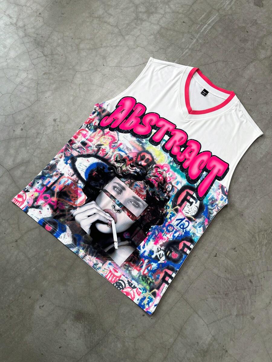 PAVTROS Manfinity Streetrush Men's Summer Fashionable Graffiti Figure Print Tank Top, For Concert - White - View 1