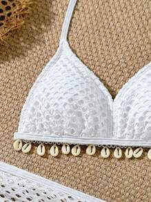 SHEIN Tween Girls Fashion Simple Shell Print  Bikini Set With Ruched Beach Skirt Summer Holiday - White - View 3