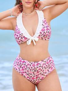 HELLO KITTY AND FRIENDS | SHEIN Set Bikini Ukuran Besar Seksi Gaya Y2K dengan Detail Pita dan Tali Belakang, Motif Kartun, Cocok untuk Pantai, Resor, dan Kolam Renang Musim Panas - Berwarna merah muda - View 3
