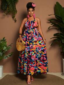 Maweii Plus Size Women Holiday Floral Print A-Line Dress With Spaghetti Straps - Multicolor - View 4