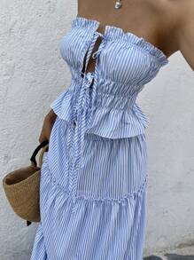 SHEIN SunnyBelle Fashionable Striped Tie Front Set - Sexy Bandeau Crop Top + Patchwork Ruffled Skirt - Blue and White - View 3