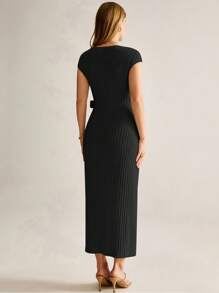 MaterniWear 针织褶皱孕妇装，腰部打结，修身女式夏季连衣裙，女式黑色连衣裙办公室/工作 - 黑色 - 查看 2