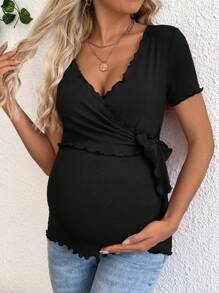 SHEIN T-shirt casual à manches courtes pour femmes enceintes, en couleur unie, avec fonction d'allaitement, noué