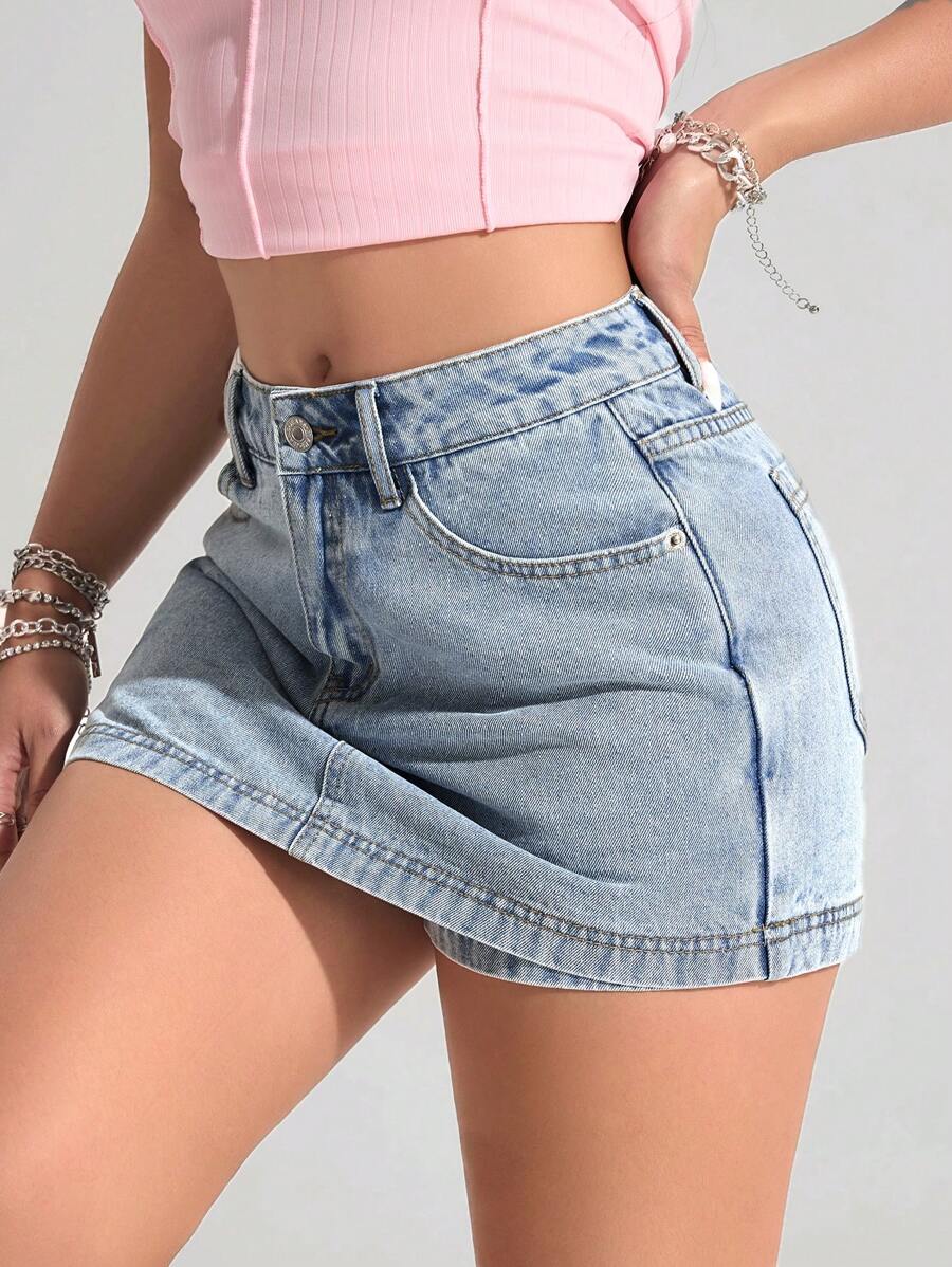 SHEIN EZwear 女士休闲洗水牛仔裙，夏季 - 淺色水洗藍 - 查看 1