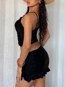 SHEIN Women 3pcs Ruffled Strap Rivet Decor Tankini Bathing Suit, Black For Summer Beach Vacation - Black - View 2