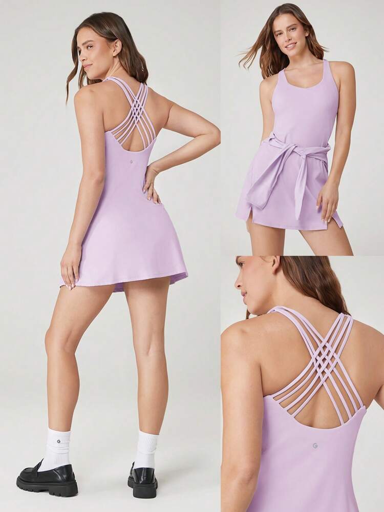 FeatherFit™-Air 게임 데이 흡한속건 피크부 스트랩 백 하트 넥라인 액티브 드레스, 내장 반바지, 사이드 포켓, 논슬립 그립, 로우 임팩트 테니스 골프 피클볼 일상 착용용, 탈착식 컵