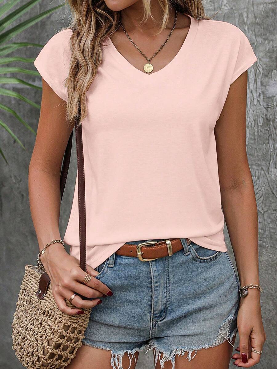 SHEIN LUNE Women's Vacation Casual Versatile Simple Solid Color T-Shirt - Coral Pink - View 1