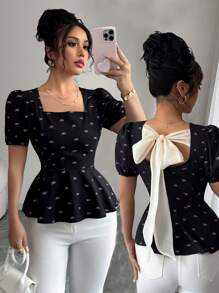 Rafferiza 休闲年轻优雅荷叶边蝴蝶结后背衬衫 - 黑色 - 查看 1