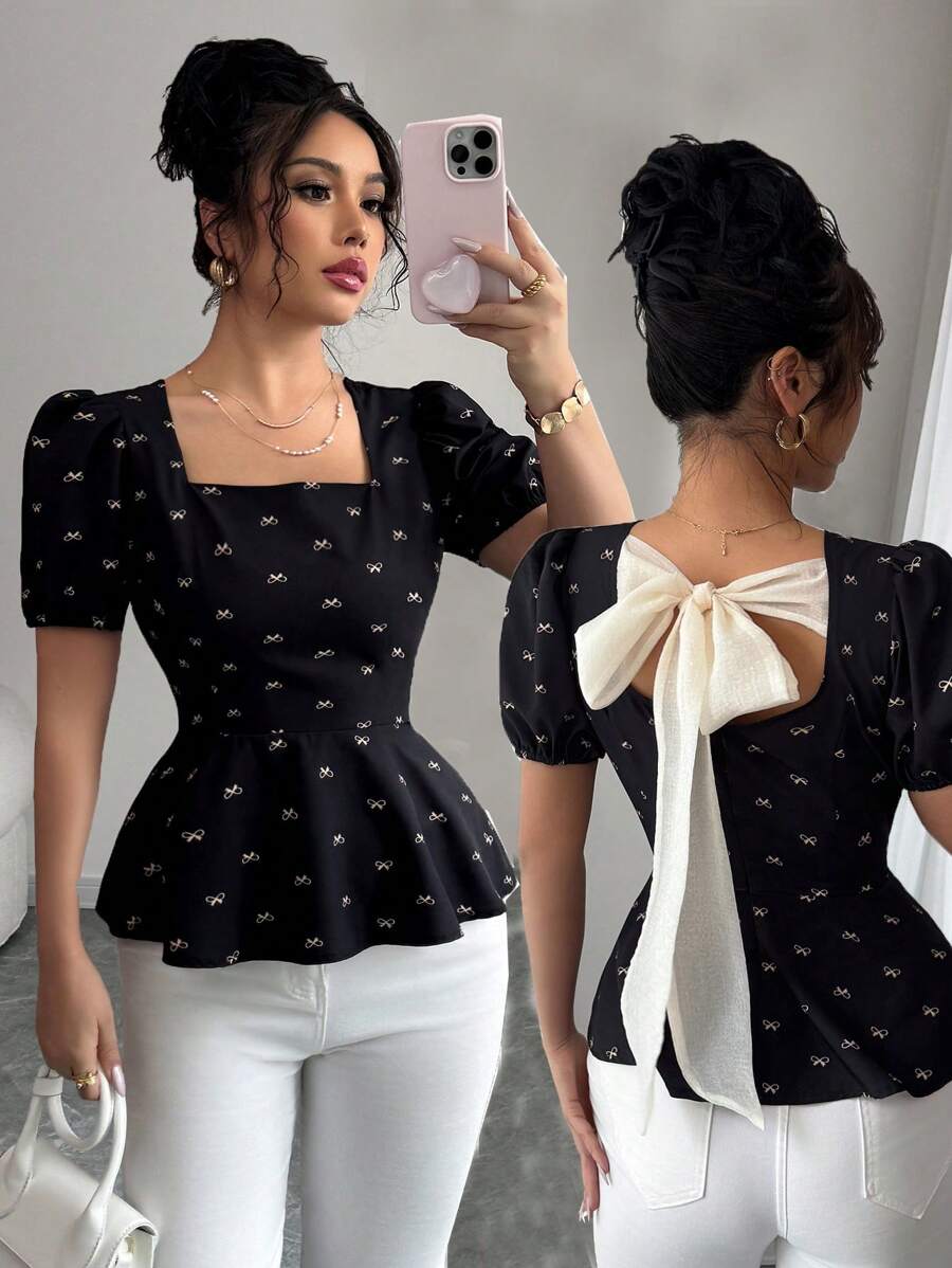 Rafferiza 休闲年轻优雅荷叶边蝴蝶结后背衬衫 - 黑色 - 查看 1