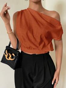 Firerie Women's Asymmetrical Open Shoulder Loose Bamboo Fiber Linen Blouse, Elegant For Vacation & Everyday Wear - Rust Brown - View 5