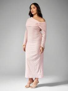 MISSGUIDED PLUS Plus Size Off-Shoulder Textured Knit Bardot Maxi Dress Elegant Long Sleeve Winter Formal Wedding Guest Party Occasion Fall Holiday Special Events - Baby Pink - View 3
