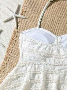 SHEIN 少女比基尼，纯色提花面料，罩杯褶皱设计，欧美时尚，适合度假和夏季海滩（随机剪裁）