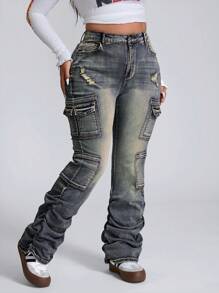 SHEIN ICON Plus Size Women Distressed Cargo Pocket Flare Leg Casual Jeans