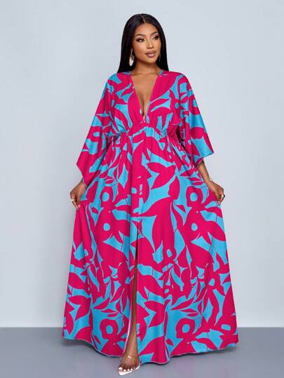 SOLERSUN Women's Holiday Floral Printed V-Neck Long Elegant Ruffle Sleeve Peplum Split Thigh Maxi Dress , Suitable For Vacation & Dating And Daily Outfit