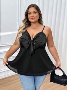 SHEIN CURVE+ Top camiseta con lazo, talla grande, simple y de moda, apropiado para el verano
