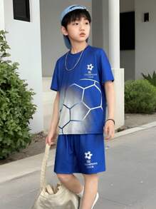 Set de 2 piezas con camiseta de manga corta y pantalones cortos con estampado de fútbol para niños preadolescentes