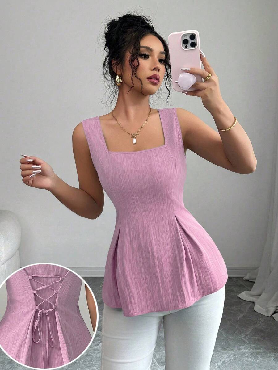 Elenzga Áo cánh không tay cổ buộc màu xanh thanh lịch cổ điển mới cho đi làm và đi nghỉ - Hồng - Xem 1