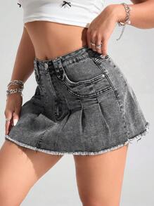 SHEIN EZwear 女士口袋褶皱流苏休闲牛仔半身裙 - 灰色 - 查看 1