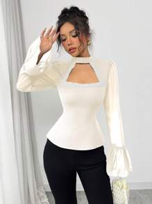 SHEIN Unity Women Fashionable Rhinestone Decorated Elegant Blouse, Minimalist And Stylish, Suitable For Summer Fall Cloth For Women - Apricot - View 4
