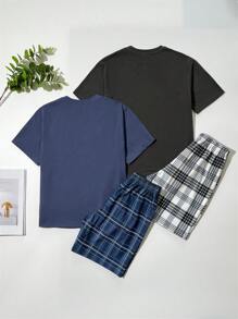 SHEIN Leap Crew 4-Piece Tween Boy Simple Casual Round Neck Short Sleeve Solid Color Pajama T-Shirt And Plaid Pattern Loose Pajama Set