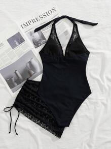 Swim Lushoire 2pcs Women Sexy Casual Vacation Vintage Solid Color Halter Lace Patchwork Fabric One Piece Swimsuit & Lace Skirt Set For Summer - Black - View 6