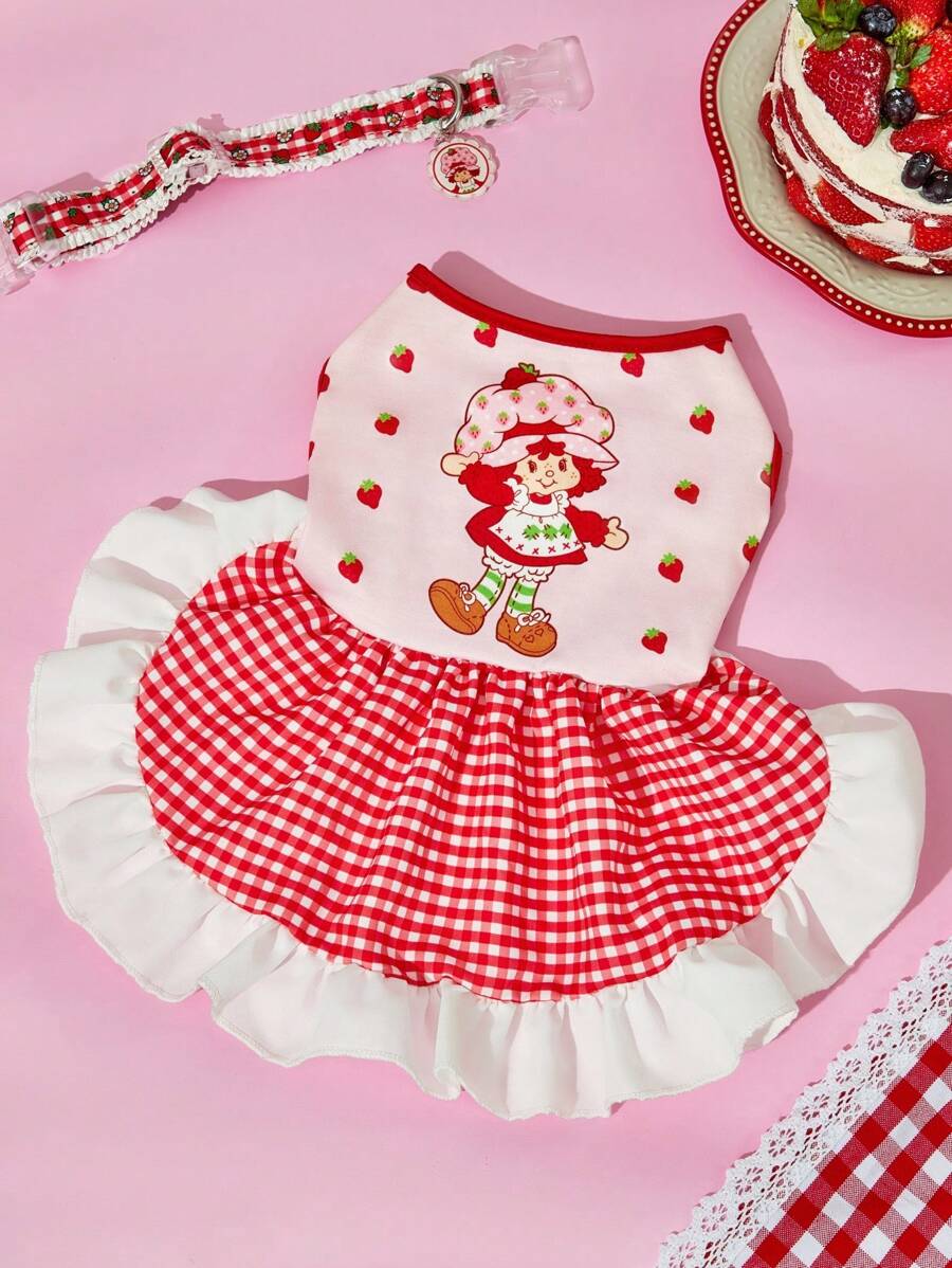 Strawberry Shortcake X SHEIN 1 chiếc váy cho thú cưng dễ thương và ngọt ngào với họa tiết dâu tây hoạt hình, kẻ caro, ren, quần áo cho thú cưng, mèo, chó, cỡ cực nhỏ, cỡ cực lớn, ý tưởng quà tặng, mùa hè/mùa xuân, kỳ nghỉ - Đỏ - Xem 1