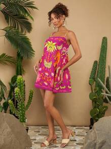 Travachic Women's Hot Pink Boho Short Dress: Vibrant Tropical Print, Spaghetti Strap, Backless, And Woven Fabric For A Chic Summer Look - Hot Pink - View 5