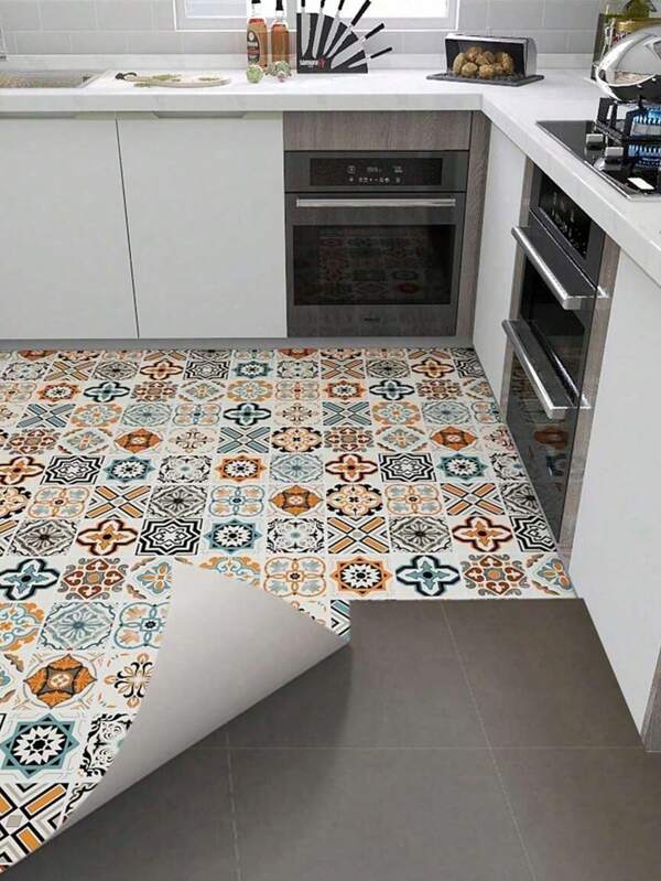 1 Roll Boho Geometric Pattern Self-Adhesive Removable Vinyl Floor Tile Sticker, 15.76 Inch Wide, Stickers, Wall Decal, Vinyl Decal For Home Decorations, Spring Decoration Items Refresh Your Home, Rama Decoration Stickers Floor Tiles Flooring Floor Tiles Self Adhesive Floor Tiles Peel Stick Living Room Decor Room Decor Kitchen