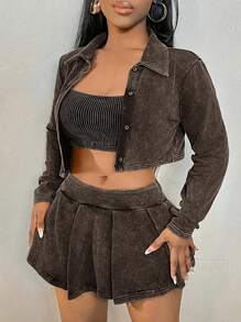 SHEIN SXY 3pcs Plus Size Women Retro Washed Vintage Set: Camisole Crop Top, Long Sleeve Short Jacket & Elastic Waist Mini Pleated Skirt, Suitable For Everyday Wear, Music Festival, Concert, Carnival Party, Beach Vacation, Date Night, Birthday, Bachelorette Party, Club, Casual, Streetwear, Going Out, Flattering The Figure - Khaki - View 7