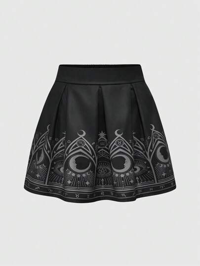 Goth تنورة قصيرة معقودة بطراز قصر كلاسيكي، مزينة بطباعة القمر والشمس والرمز السحري، بتصميم أزهار الكرز السوداء والرمادية