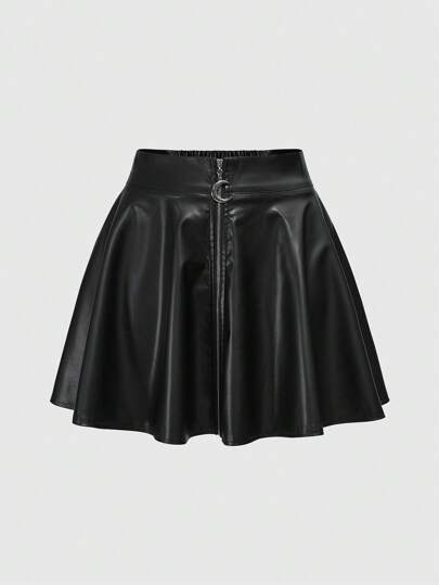 Goth Gotischer mysteriöser schwarzer klassischer PU Reißverschluss Vorder-Mond-Anhänger Taillenweit Glockenrock für Frauen, Streetwear, Sommer Strand Rave Festival