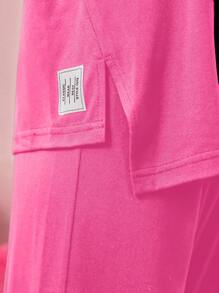 2pcs Teen Girl Basic Black Short Sleeve Top And Pants Set - Hot Pink - View 4