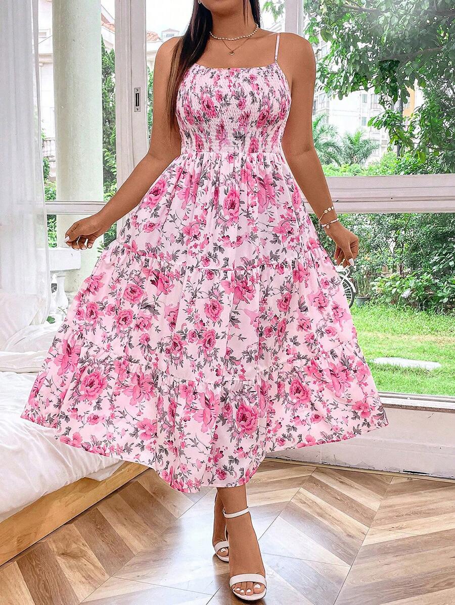 Flirla Plus Size Floral Print Cami Dress With Ruffled Hem For Summer Trip Maxi Vacation Beach Outfits Women - Multicolor - View 1