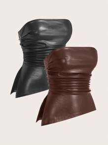 SHEIN EZwear 2pcs Women Solid Color PU Cropped Tank Top, Spring/Summer Brown - Chocolate Brown - View 4
