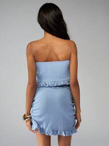 MISSGUIDED Light Blue Ruched Smocked Co-Ord Set Two Piece Crop Top Mini Skirt Summer Beach Vacation Resort Wear Ruffle Trim Elastic Stretch Set