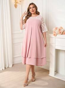 SHEIN Clasi Vestido de mujer de talla grande elegante con bordado, patchwork y bloque de color sin mangas, para uso romántico y casual, vestidos de primavera/verano para mujeres, vestido de verano, vestido rosa, vestidos de talla grande, vestidos para mujer, vestido elegante rosa para mujer, vestido fluido, vestidos para fiesta de mujer, vestidos midi para mujer, vestidos de talla grande para mujer, vestidos de verano para mujer, vestidos modestos para mujer, vestido de encaje