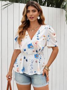 Flirla Plus Size Women Hollow-Out Printed Short Sleeve Cinched Waist A-Line T-Shirt - Multicolor - View 4