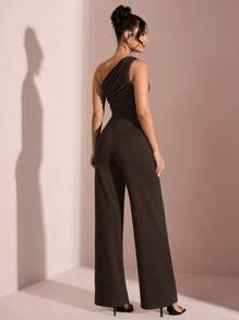 SHEIN BAE 夏日海滩度假优雅纯黑色不对称领露肩单肩连体裤，适合日常约会、夜间外出、夜总会、派对、聚会、鸡尾酒会、泳池派对、办公室穿着、通勤连体裤、度假连体裤 - 咖啡棕 - 查看 2