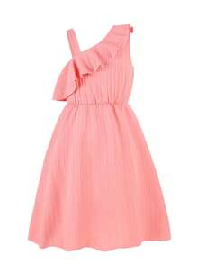 SHEIN Vestido de niña preadolescente de tela texturizada con cuello de volantes asimétricos, cinturón