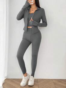 SHEIN EZwear 灰色针织夹克、背心和紧身裤 3 件套女士运动服套装 - 灰色 - 查看 7