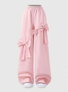 Teen Girls' Solid Color Elastic Waist Butterfly Decor Wide Leg Casual Pants - Pink - View 8